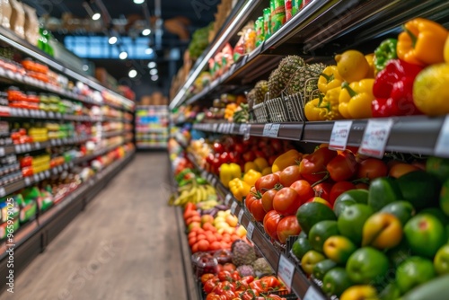 Vibrant grocery store aisle with an array of fresh produce and wholesome foods