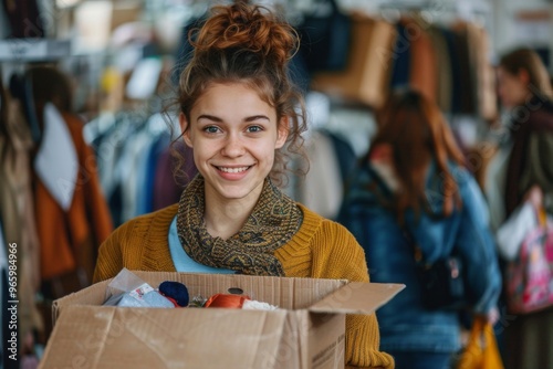 Cheerful young woman holding a box of donated items in a thrift store