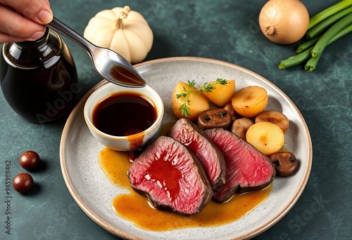 someone is dipping sauce onto a steak on a plate with potatoes and mushrooms.