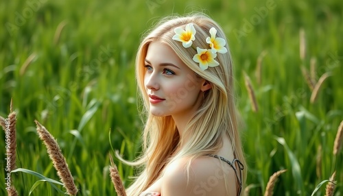 blonde woman with flower in hair standing in tall grass field.