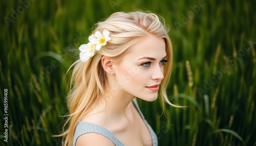 blonde woman with flower in her hair in a field of tall grass.