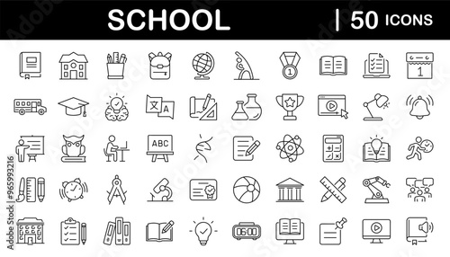 School set of web icons in linear style. Education and knowledge icons for web and mobile app. Back to school. Learning, classroom, students, online education. Vector illustration