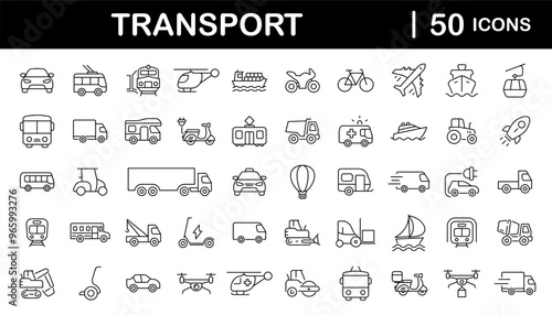 Transport set of web icons in linear style. Transport, vehicle and delivery icons for web and mobile app. Public transport, car, bike, train, bicycle, plane, bus, metro, ship, bulldozer, helicopter