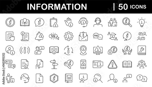 Information set of web icons in line style. Info and Help Desk icons for web and mobile app. Containing user manual, instruction, guidebook, reference, information support, assistant, customer help