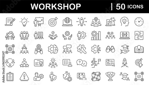 Workshop set of web icons in line style. Business Workshop icons for web and mobile app. Containing team building, teamwork, coaching, meeting, managing, coaching, motivation and more