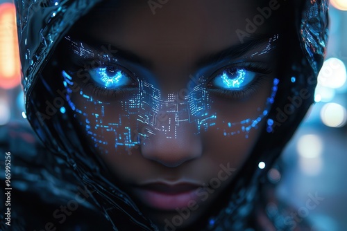 futuristic cybernetic being with iridescent skin glowing circuitry patterns and piercing blue eyes in a neonlit cityscape