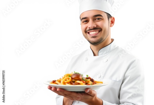 Close up of a male chef in his white uniform and hat smiling whi