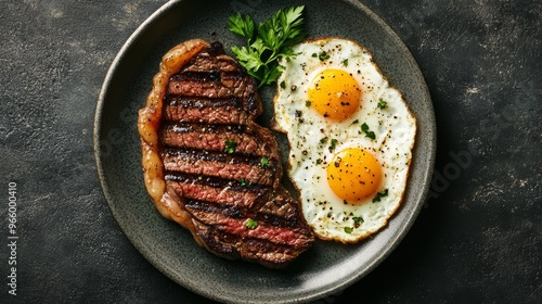 Grilled steak and fried eggs on a dark plate with herbs. Ideal for a carnivore or keto diet, high-protein and low-carb food trends.