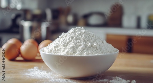 Bowl of flour and fresh eggs prepare for baking at a cozy kitchen counter