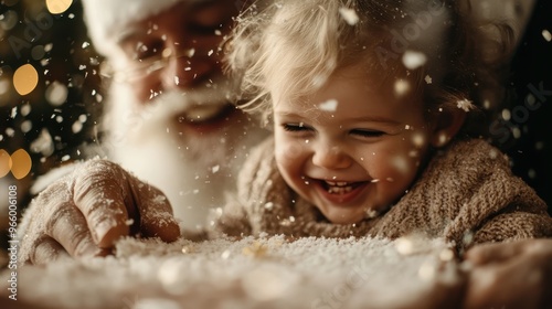 A joyful child and Santa Claus share a delightful moment playing with artificial snow indoors, radiating warmth and festive cheer in this magical holiday scene.