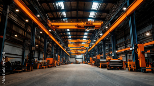 A spacious industrial warehouse featuring yellow overhead cranes, machinery, and large work areas in a well-lit environment.