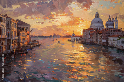 Vibrant Venice canal at sunset with gondolas and historic architecture