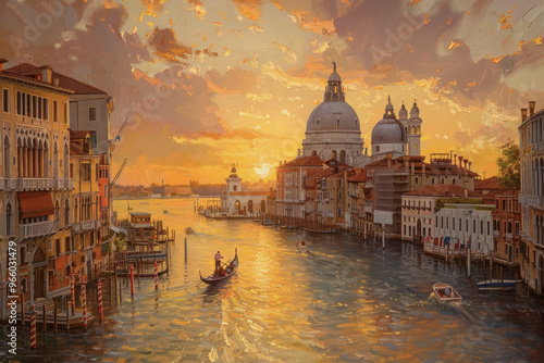 Vibrant Venice canal at sunset with gondolas and historic architecture