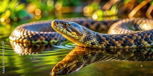 A Striking Diamondback Water Snake Slithers Across A Sunlit Pond, Its Scales Shimmering Emerald And Black.