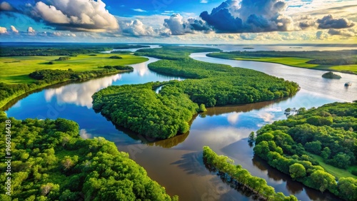 A Verdant Peninsula Formed By The Convergence Of Two Rivers, Surrounded By A Tranquil Expanse Of Water And Lush Vegetation.