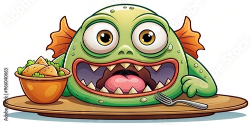 A Cartoon Illustration Of A Hungry Creature With Bulging Eyes, An Open Mouth, And A Humorous Expression As