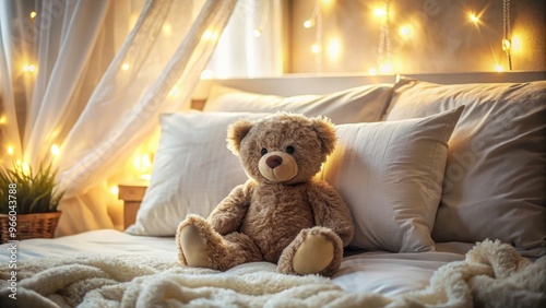 Adorable plush teddy bear sits amidst rumpled bed sheets, surrounded by scattered pillows, in a cozy, serene, and softly lit bedroom scene.