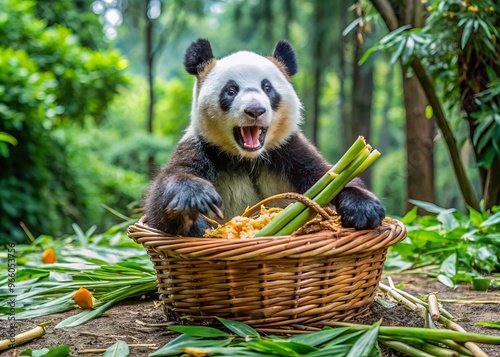 Adorable giant panda accidentally knocks over a basket of bamboo shoots, causing a comical mess in a lush,