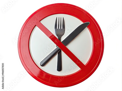 Close-Up Of A Round Red Prohibition Sign With A Crossed-Out Image Of A Fork And Knife On A White Background.