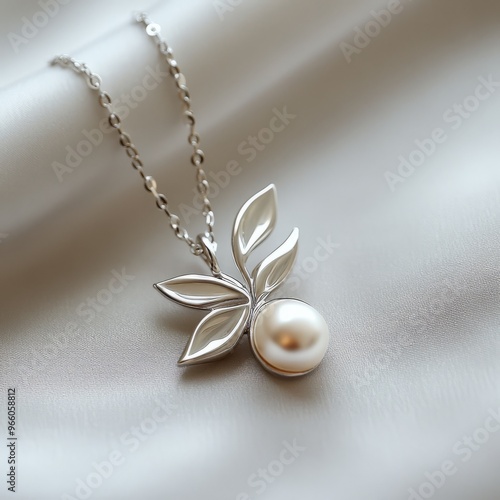 Silver necklace with a pearl pendant in the shape of leaves.