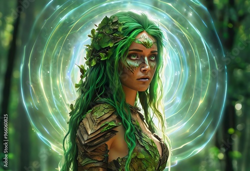 gwyneth nature forest attuned huntress with leafy emerald hair a