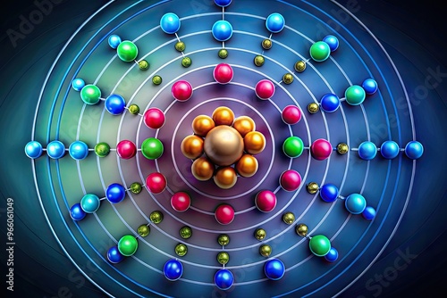 Colorful atomic structure illustration featuring calcium element's electron configuration and energy levels, showcasing protons, neutrons, and orbitals in a visually striking Bohr model diagram.