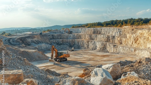 Backhoe digging into limestone at an open pit quarry, with a truck waiting to transport the construction material, industrial landscape