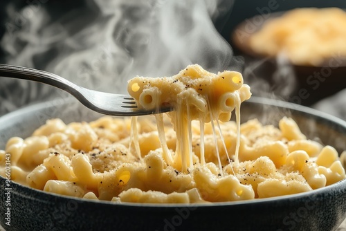 A forkful of steaming mac and cheese, with stretchy cheese strings pulling from the bowl, set against a cozy kitchen background