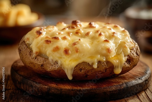 A baked potato oozing with stretchy melted cheese, set on a rustic wooden table with a softly blurred kitchen background, perfect for copy space