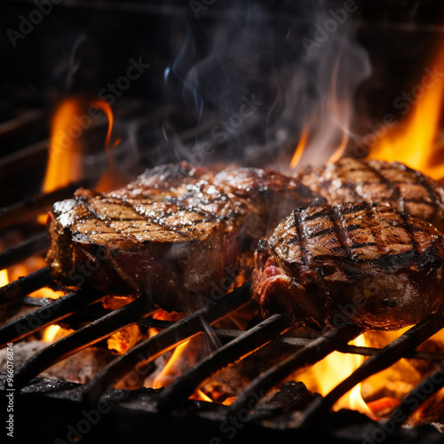 photo flame grilling meat on a glowing coal grill