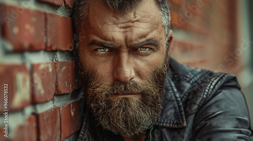 A close-up shot of a man with a rugged beard and intense eyes, wearing a leather jacket, standing against a brick wall.