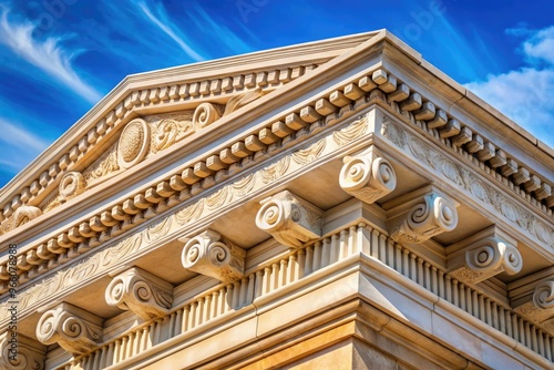 Majestic ancient Greek-style entablature adorns a limestone facade, featuring ornate frieze, architrave, and cornice details, set against a warm, sun-kissed Mediterranean blue sky.