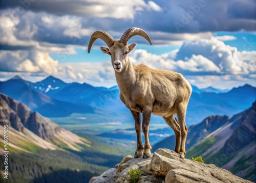 Majestic Big Horn Mountain Goat With Massive Curled Horns Stands Proudly On A Rocky Ridge Overlooking A Vast Landscape.