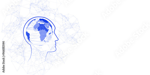 Outline of a human head with a world map inside, surrounded by network connections on a white background. Concept of global connectivity. 3D Rendering