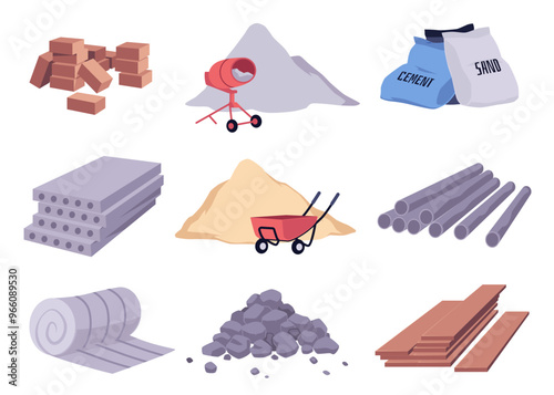 Construction and building materials vector set, cement sand heap, concrete mixer, bricks pile, wooden boards steel pipes