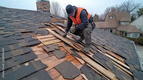 Experienced roofer nimbly replacing damaged shingles, their safety-conscious approach and extensive roofing knowledge on display