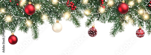 Seamless decorative christmas border with coniferous branches and garlands of christmas lights and ornaments festival plant tree.