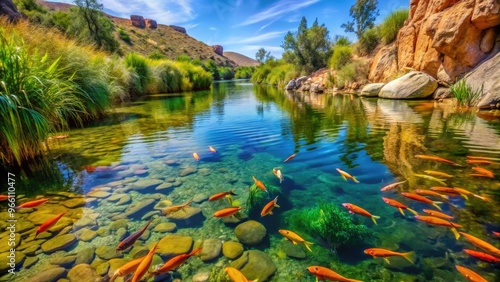 Vibrant orange river kok fish swim in crystal-clear waters amidst lush green aquatic plants and smooth stones on a tranquil summer day in nature.