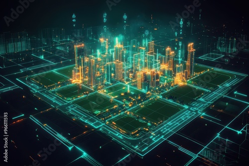 A futuristic digital rendering of an urban city plan, featuring advanced technology, sustainable infrastructure, and innovative architecture. Suitable for urban planning, technology