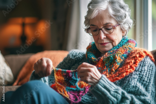 Elderly woman is enjoying her retirement years, crocheting a colorful scarf while sitting comfortably at home