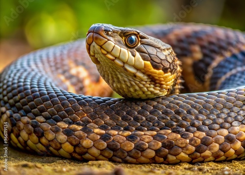 Close-Up Of A Venomous Water Moccasin Snake With Brown Scales, Black Markings, And A Wide Head, Coiled In