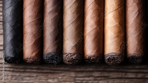 Aligned cigars varying in color, from dark to light, emphasize the textures and finishes of each, underlining the craftsmanship and artistry involved in cigar making.