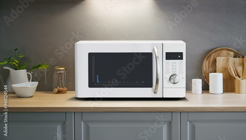 Modern white microwave on kitchen counter with minimalist decor, perfect for cooking and heating meals in stylish interiors.