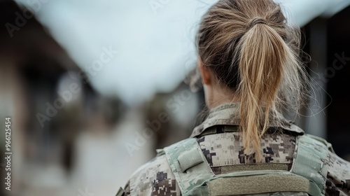 This image shows the back view of a woman soldier in military uniform, with her blond hair tied in a ponytail, standing outdoors, projecting strength and determination.