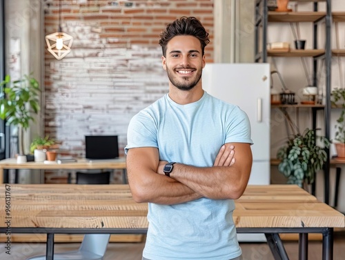 Young entrepreneur standing before a successful business, modern office, medium shot, proud expression, innovative design, sense of achievement, creative spirit,