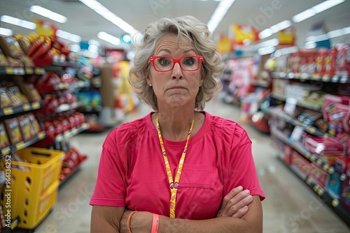 A shopper impatiently waiting at the checkout line during a sale Closeup shot, exasperated expression, bright store lights