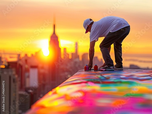 A graffiti artist creating a colorful mural on a city wall, with the skyline silhouetted against a setting sun, representing the blend of creativity and urban culture