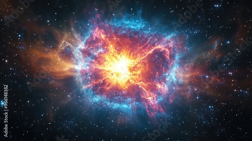 A colorful supernova explodes within a nebula, radiating energy and light across a vast field of distant stars.