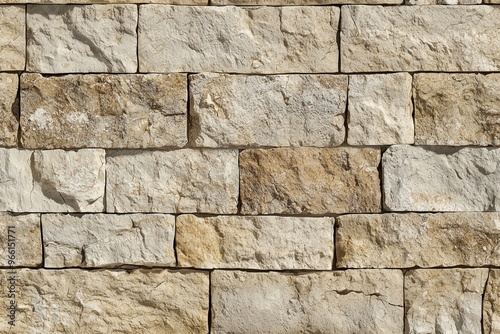 Textured coursed stone cladding wall made of various sizes of light-colored stones, featuring shades of beige and brown.