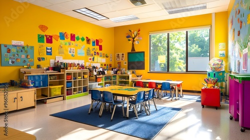 Colorful Classroom Interior with Tables and Chairs Kids Playroom Learning Environment